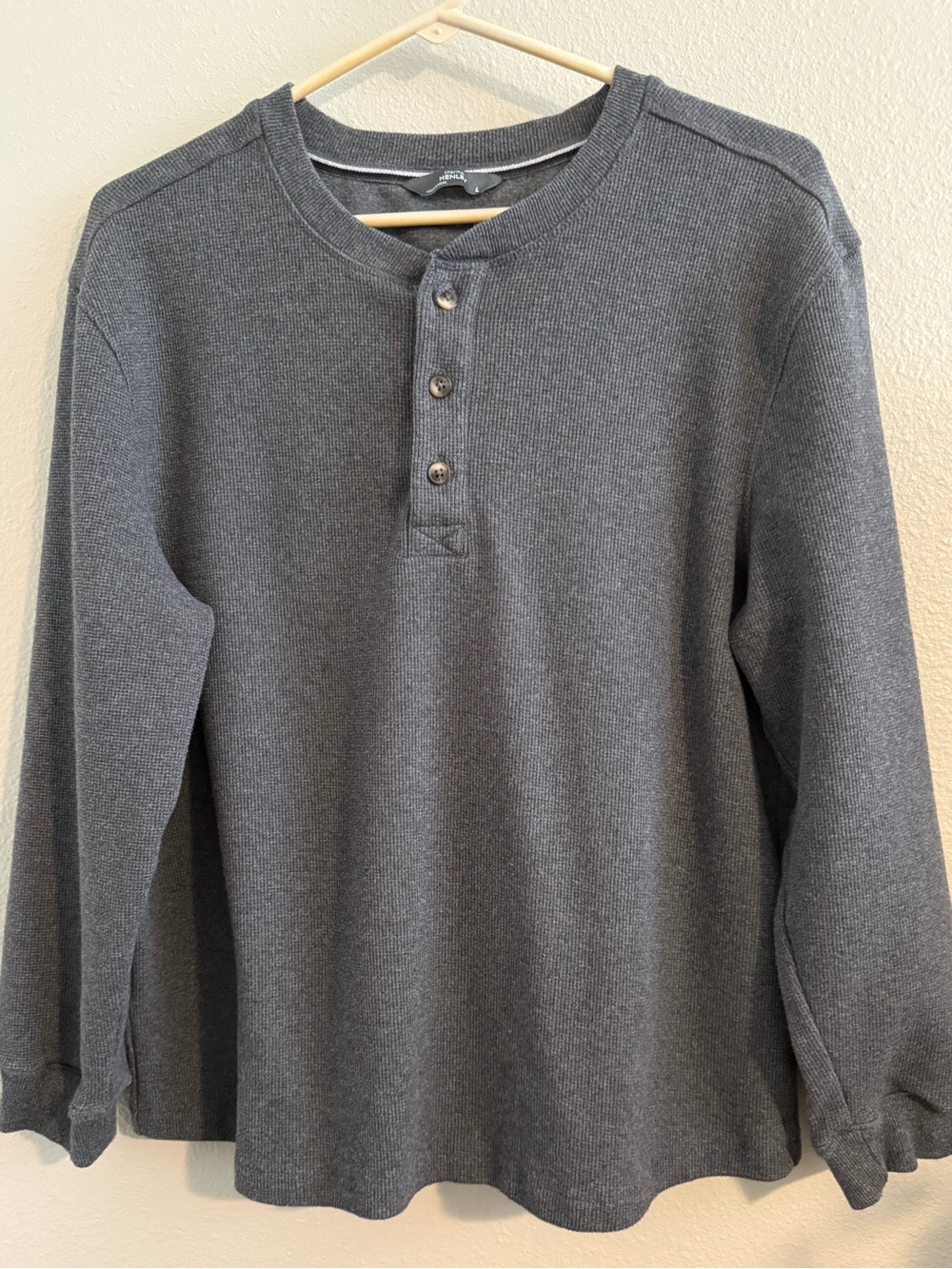 Thermal Henley Waffle Knit Long Sleeve Gray Mens Size L Layering